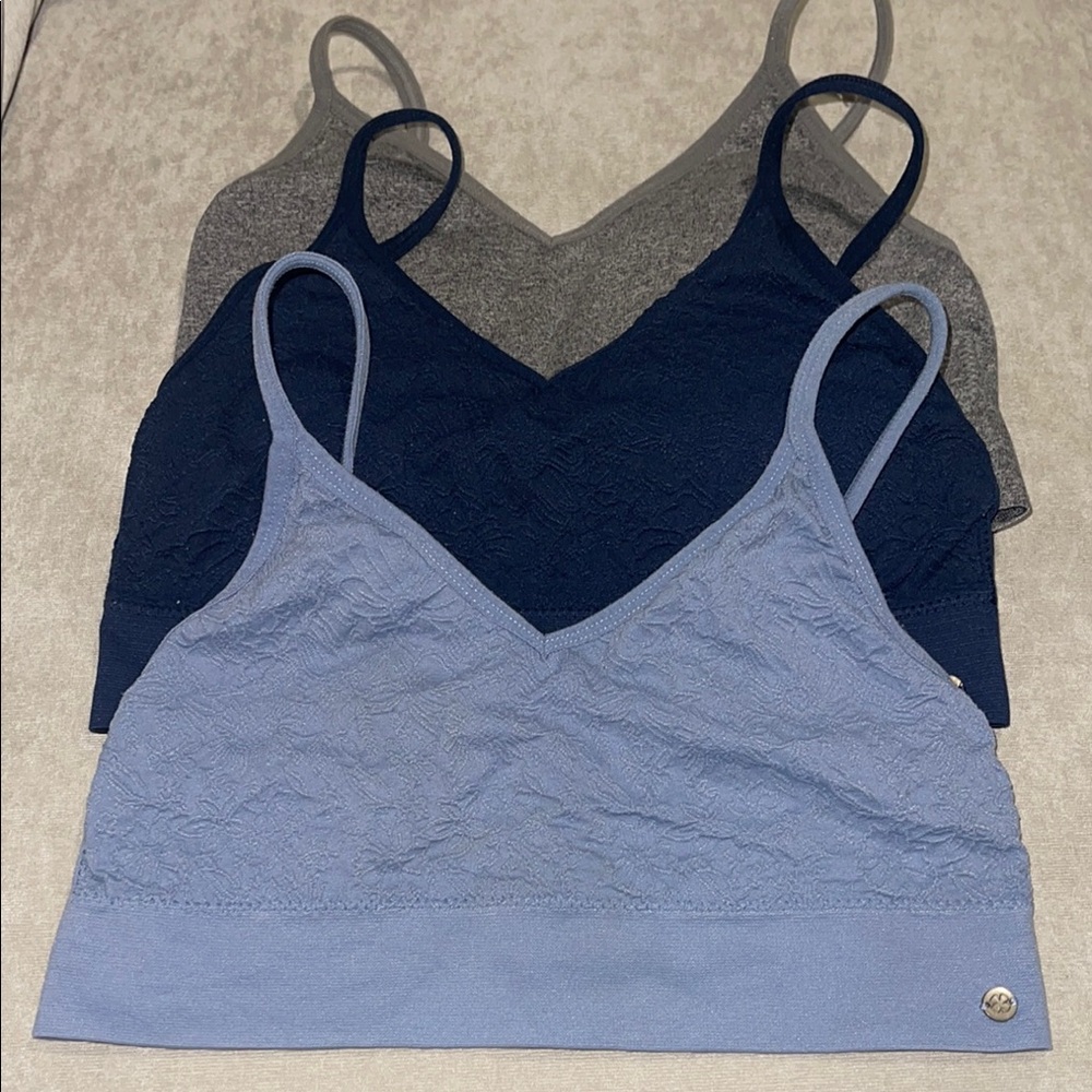 Lucky Brand Set of Three Lace Bralettes in Blue and Gray